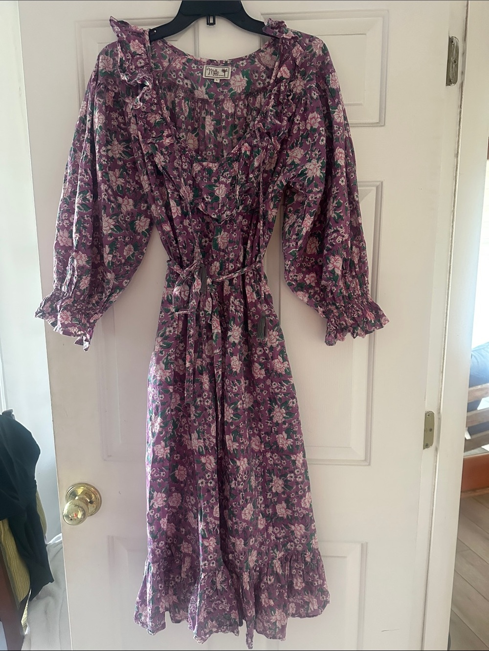 Vintage-Inspired Purple Floral Midi Dress with Tie Waist